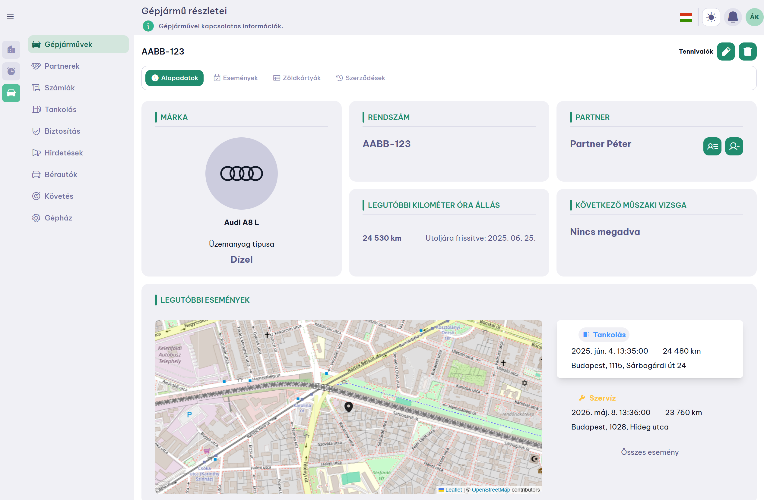 Flotta backoffice felület screenshot