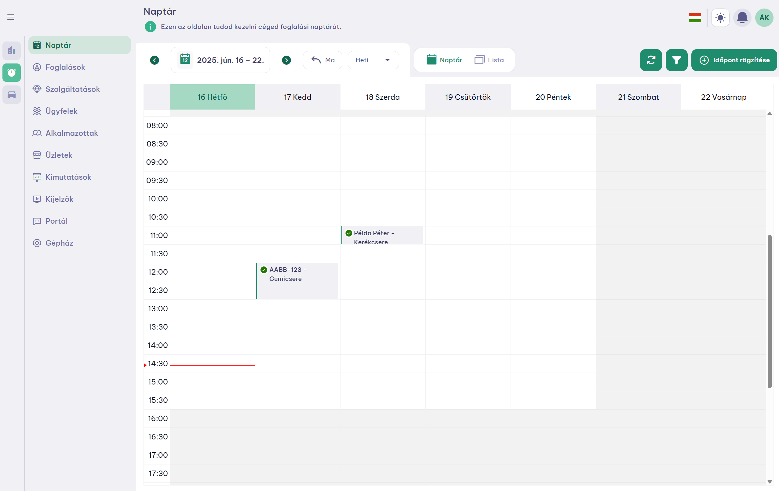 Foglaló backoffice felület screenshot